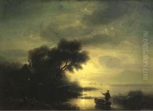 A Fisherman In A Moonlit Landscape by August Seidel