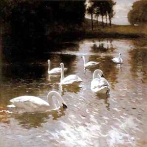 Swans on a lake by Johannes Cornelis van Essen