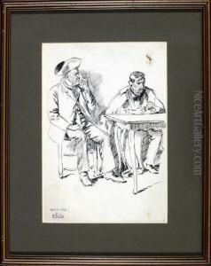 Auf Einem Stuhl Sitzender
Pfeiferaucher Mit Dreispitz Und Herr Mit Verschrankten Handen Am Tisch by Carl Seiler