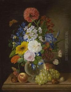 Stillleben Mit Blumen In Glasvase Und Fruchten by Georg (Johann G.) Seitz