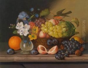 Blumen- Und Fruchtestillleben Mit Einem Vogel