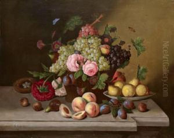 Obststillleben Mit Rosen Und Vogelnest Auf Marmorplatte - view 1