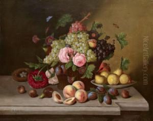 Obststillleben Mit Rosen Und Vogelnest Auf Marmorplatte