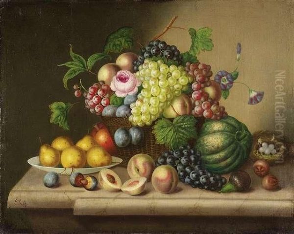 Still-life With Fruit And 
Flowers On A Marble Plate. Still-life With Fruit, Flowers And A Parakeet
 On A Marble Plate. A Pair. Oil/canvas, The First One Signed - view 1