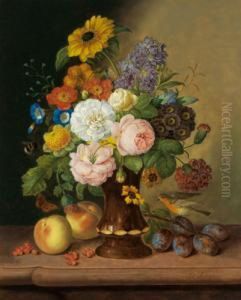 Blumenstilleben Mit Fruchten Und Vogel