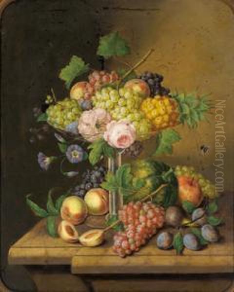 Fruchte Und Blumenstilleben Auf Steinplatte - view 1