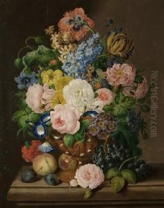 An Impressive Still Life Of Flowers In An Urn Resting On A Ledge With Fruit And Flowers by Georg (Johann G.) Seitz