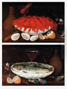 Crayfish And Salmon In Porcelain Bowls by Georg (Johann G.) Seitz