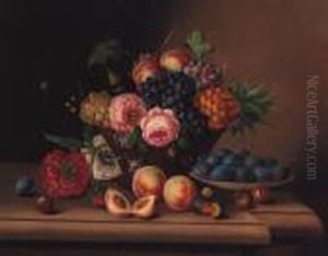 A Basket Of Grapes, Apples, 
Roses And A Pineapple With Peaches,plums And Other Flowers On A Stone 
Ledge by Georg (Johann G.) Seitz