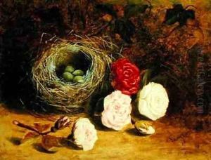 Still life of birds nest and roses by Mary Ensor