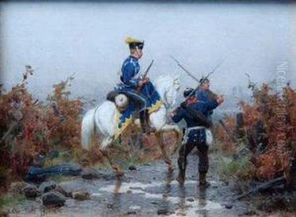 Oil On Panel,prussian Cavalry 
Officer And Infantry, Signed Chr Sell 79, 11.5cm X15cm, Framed. 
Illustrated - view 1