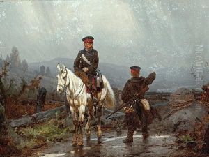 A Prussian Officer On Horseback With A Footsoldier; Combat In The Snow (a Pair) by Christian I Sell