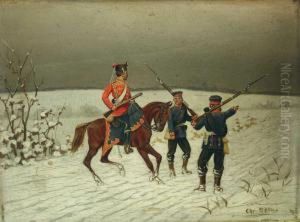 Drei Soldaten In Verschneiter Landschaft. Drei Soldaten In Verschneiter Landschaft.