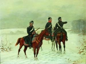 Drei Berittene Soldaten In Einer Winterlandschaft. Drei Berittene Soldaten In Einer Winterlandschaft.