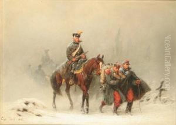 Zwei Gefangene Und Ein Berittener Soldat Auf Einer Verschneiten Landstrase - view 1