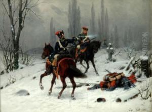 Prussian Cavalry In Winter Landscape, Signed Oil On Panel, Dated 1880. 21x27cm by Christian I Sell