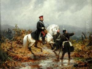 Prussian Cavalry Officer And Infantry, Signed Oil On Board, Dated 1879, 21x27cm Prussian Cavalry Officer And Infantry, Signed Oil On Board, Dated 1879, 21x27cm
