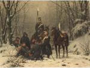 Prussian Soldiers Resting In A Winter Landscape. by Christian I Sell