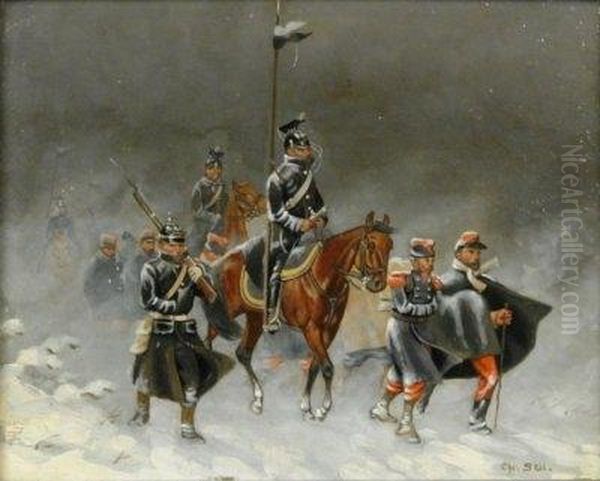 Army Approaching In Winter. Signed Bottom Right: Chr. Sell - view 1