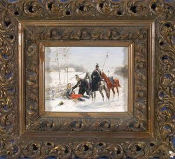 Zwei Preusische Ulane Versorgen Einen Verwundeten Soldaten In Winterlandschaft - view 1