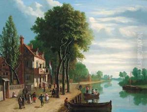 Dutch figures merrymaking on the bank of a river