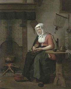 A woman seated in a kitchen peeling apples