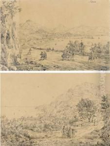 Figures On The Promenade At Salerno; And Figures In The Hills Above The Italian Coast by Antonio Senape