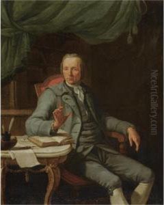 Portrait Of A Gentleman, Seated Three-quarter Length, In His Study, Wearing A Grey Suit