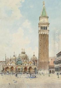 Feeding Pigeons Before The Basilica Di San Marco by Rafael Senet y Perez