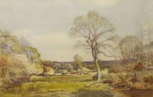 A Farmstead With Figure In Foreground And Animals By Cottages In Distance