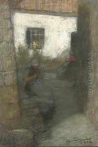 Young Women Knitting In The Shade; And By The Cottage