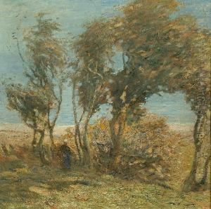 A Figure Under Coastal Trees On A Breezy Day