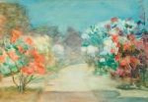 A Pathway Leading Through A Rose Garden