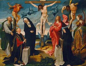 The Crucifixion with Donors and Saints Peter and Margaret ca 1525 by Cornelis Engelbrechtsen