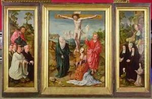 Triptych of The Crucifixion St Barbara with Donors St James the Greater with Donors The Crucifixion by Cornelis Engelbrechtsen