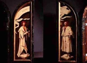 The Cleansing of Naaman Triptych side panels depicting the martyrs Cosmas and Damian protectors against sickness by Cornelis Engelbrechtsen