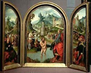 Triptych of the Cleansing of Naaman the centre panel depicts Naaman commander of the Syrian army washing in the River Jordan to cure his leprosy at the command of the prophet Elisha who in the background refuses gifts offered to him by Cornelis Engelbrechtsen