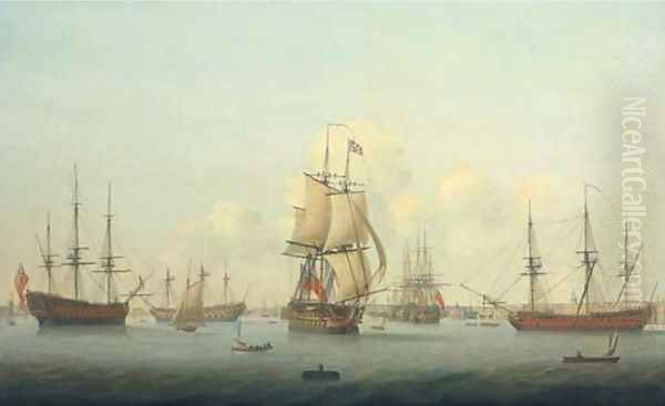 A panorama of Portsmouth harbour, with a flagship of the Red Squadron making sail as she departs - view 1
