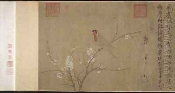 Five coloured Parakeet on a Blossoming Apricot Tree - view 1