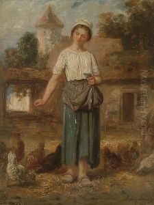 A Young Girl Feeding Chickens In A Farm Yard
