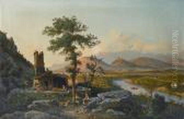 Extensive Landscape With Figures Bringing In The Harvest, A River Beyond - view 1