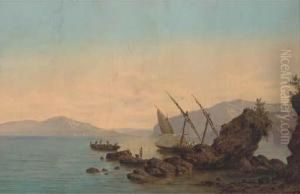 A Xebec Moored In The Bay Of Naples, Her Crew Fishing From Alongboat