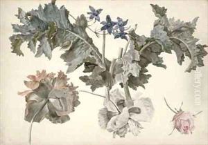 Double flowered opium poppies poppy leaves delphinium and a rosebud by Eelke-Jelles Eelkema
