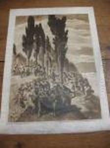 Epreuve Sur Papier Parchemin 
Representant Des Musiciens Et Des Personnages Faisant Des Rondes Autour 
De Troncs D'arbres