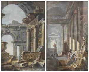 Personnages Dans Des Ruines Antiques - Personnages Admirant Des Ruines by Giovanni Niccolo Servandoni