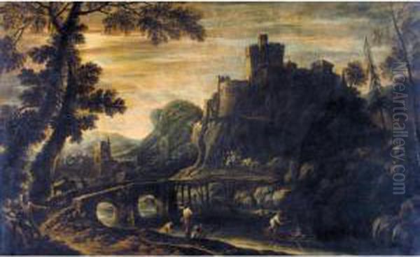 A Rocky River Landscape With Fishermen And Other Figures By A
 Bridge, A Castle And Village Beyond - view 1