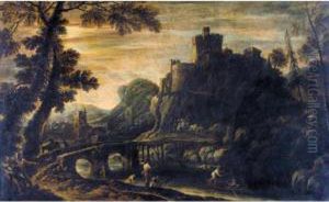 A Rocky River Landscape With Fishermen And Other Figures By A
Bridge, A Castle And Village Beyond by Giovanni Niccolo Servandoni