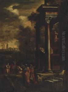 Figures Gathered Around A Font Among Classical Ruins Figures Gathered Around A Font Among Classical Ruins