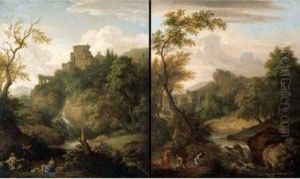 Classical Landscapes With Figures Resting Beside Cascades, Classical Buildings Beyond