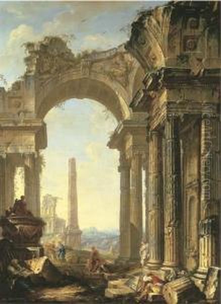 A Capriccio Of A Ruined Ionic Temple And An Obelisk With Figures - view 1